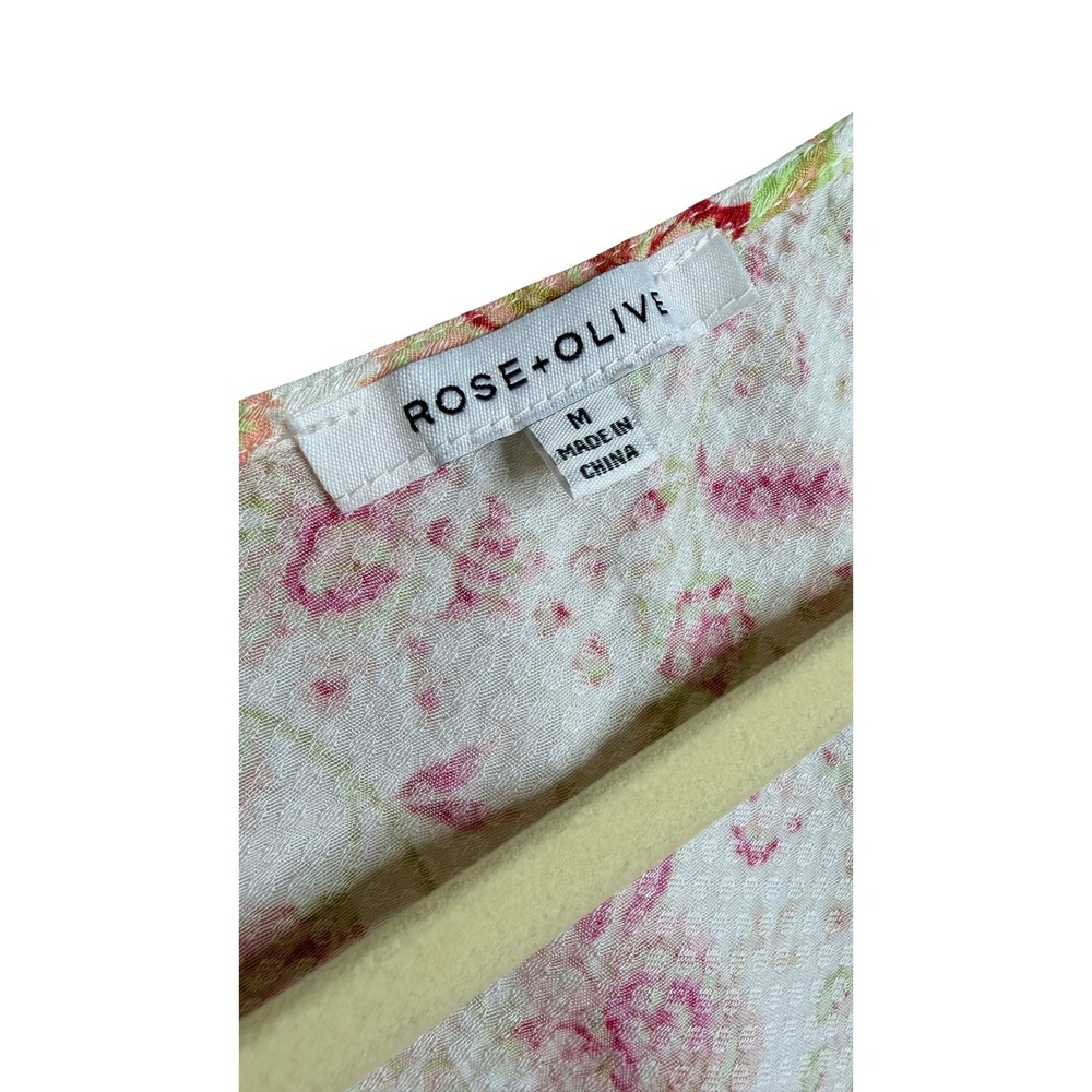 Rose + Olive Floral Crop Top Pink Yellow Smocked V-Neck Puff Sleeve Blouse M - Picture 4 of 6